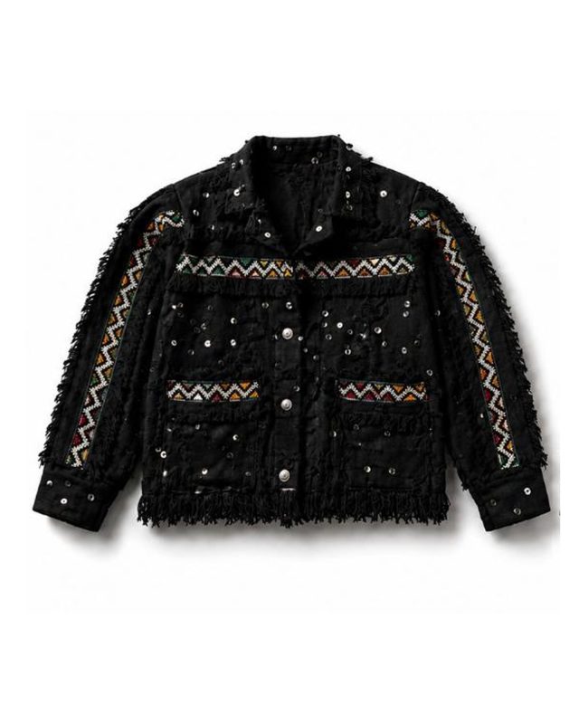Black Amazigh handmade jacket with sequins, front view