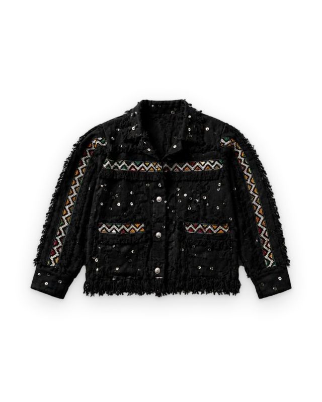 Black Amazigh handmade jacket with sequins, front view