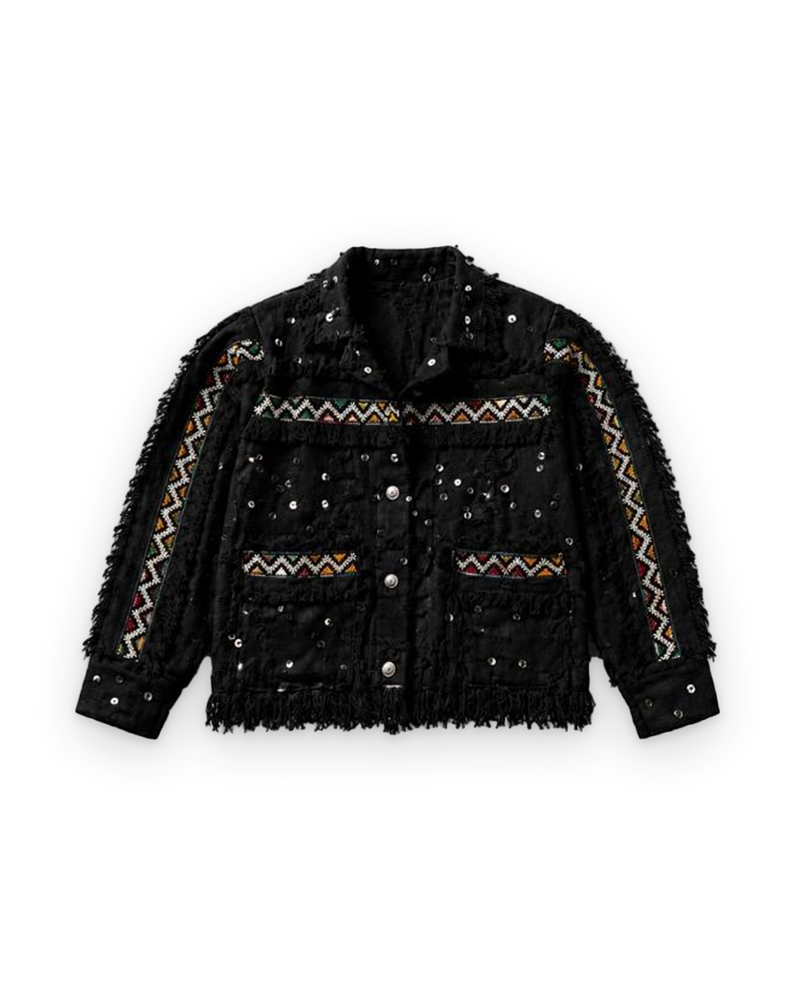 Black Amazigh handmade jacket with sequins, front view
