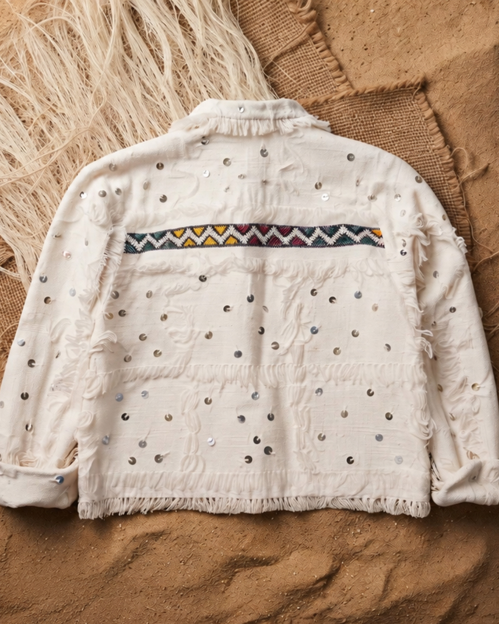 Ivory Amazigh handmade jacket laid flat, back with geometric trim