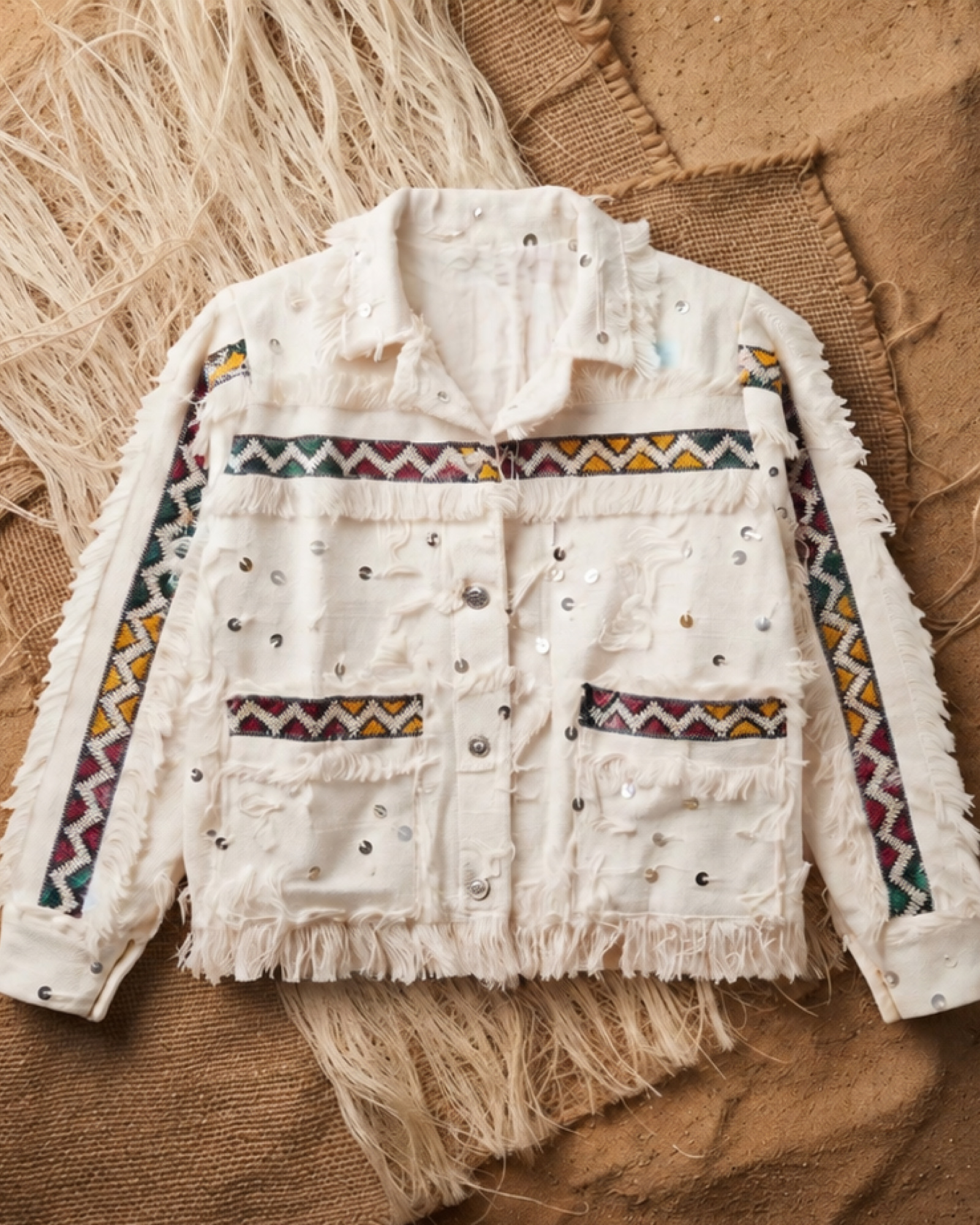 Ivory Amazigh handmade jacket laid flat on a woven rug, front