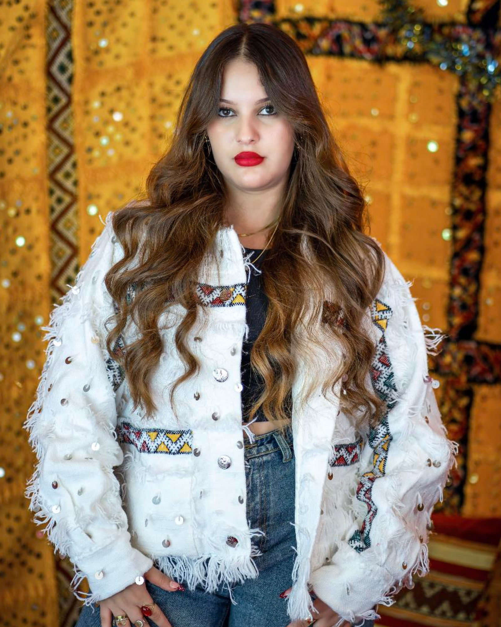 Model wearing the ivory Amazigh handmade jacket