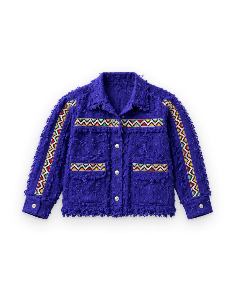 Royal blue Amazigh handmade jacket, front view